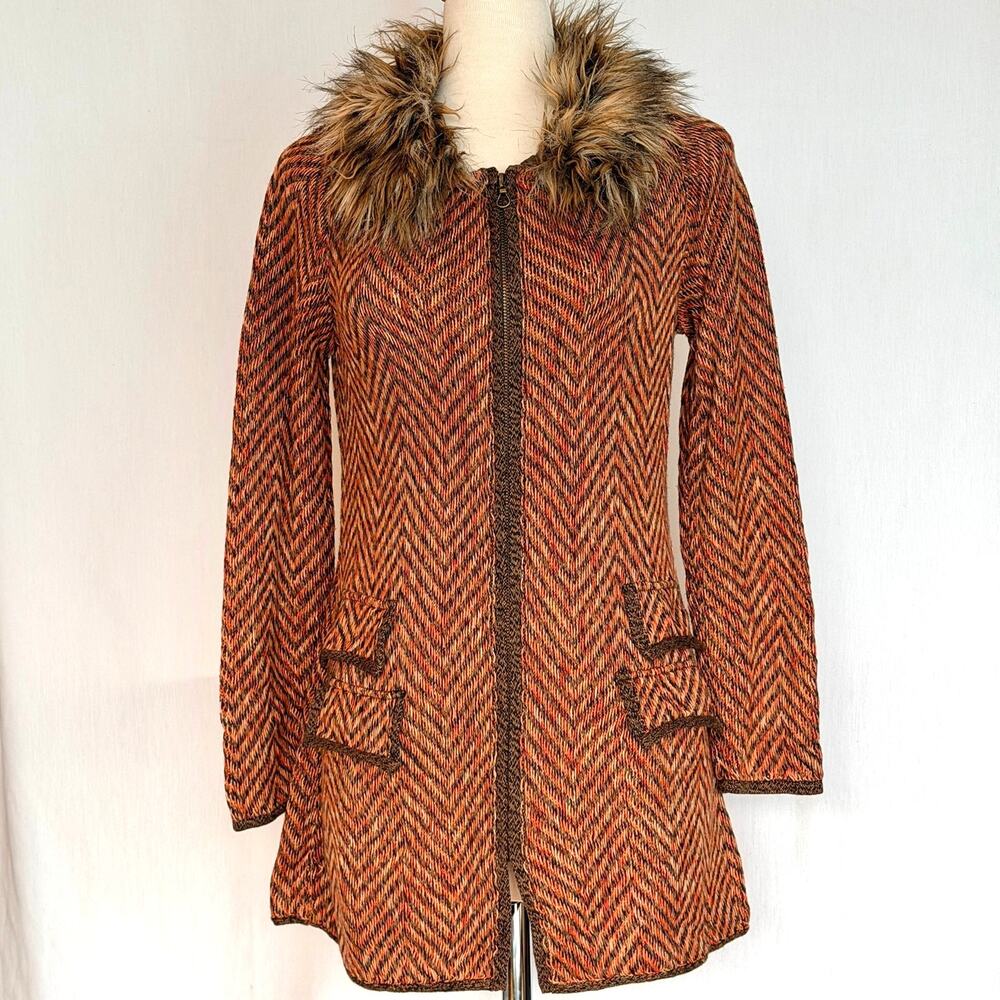 NIC+ZOE Herringbone Chevron Knit Duster Cardigan Fur Collar Brown Orange M NWT